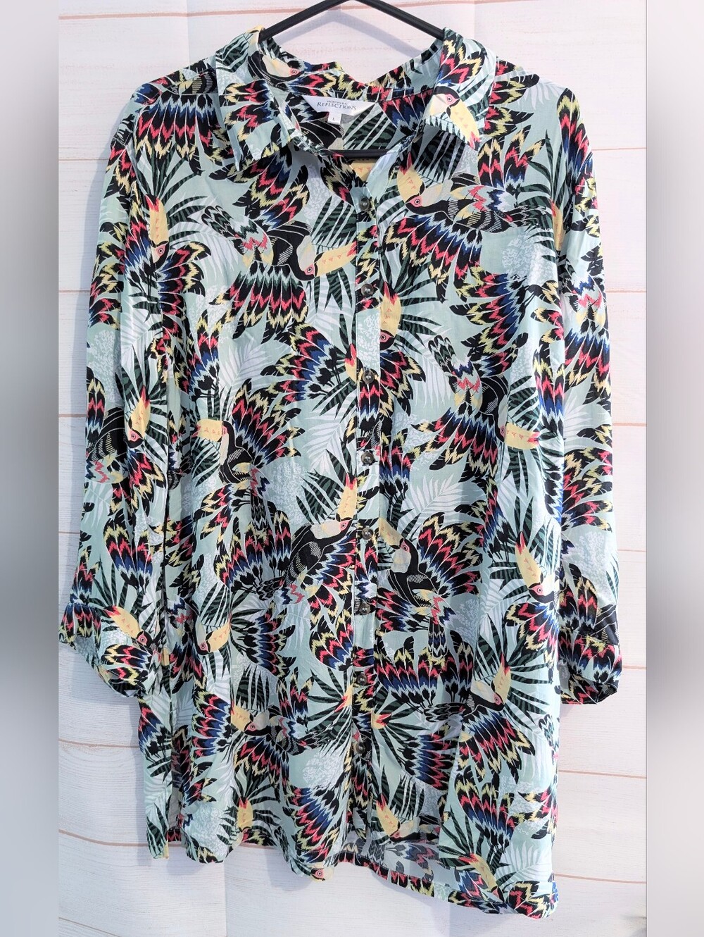 Nwot Northern Reflections Light Blue Tropical Tucan Birds Pattern Top Size Large